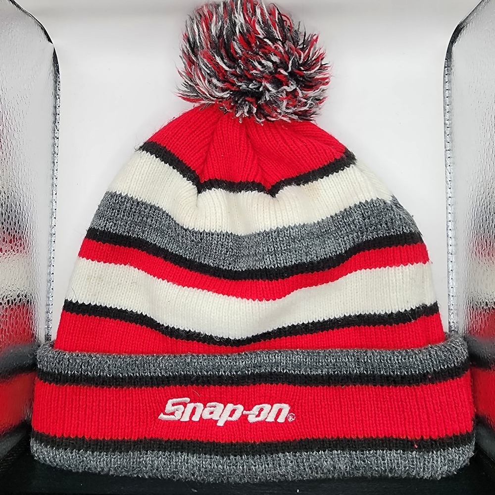 Snap On Tools Red Black White & Grey Stripe Pom Beanie Stocking Hat Snow Day Fun